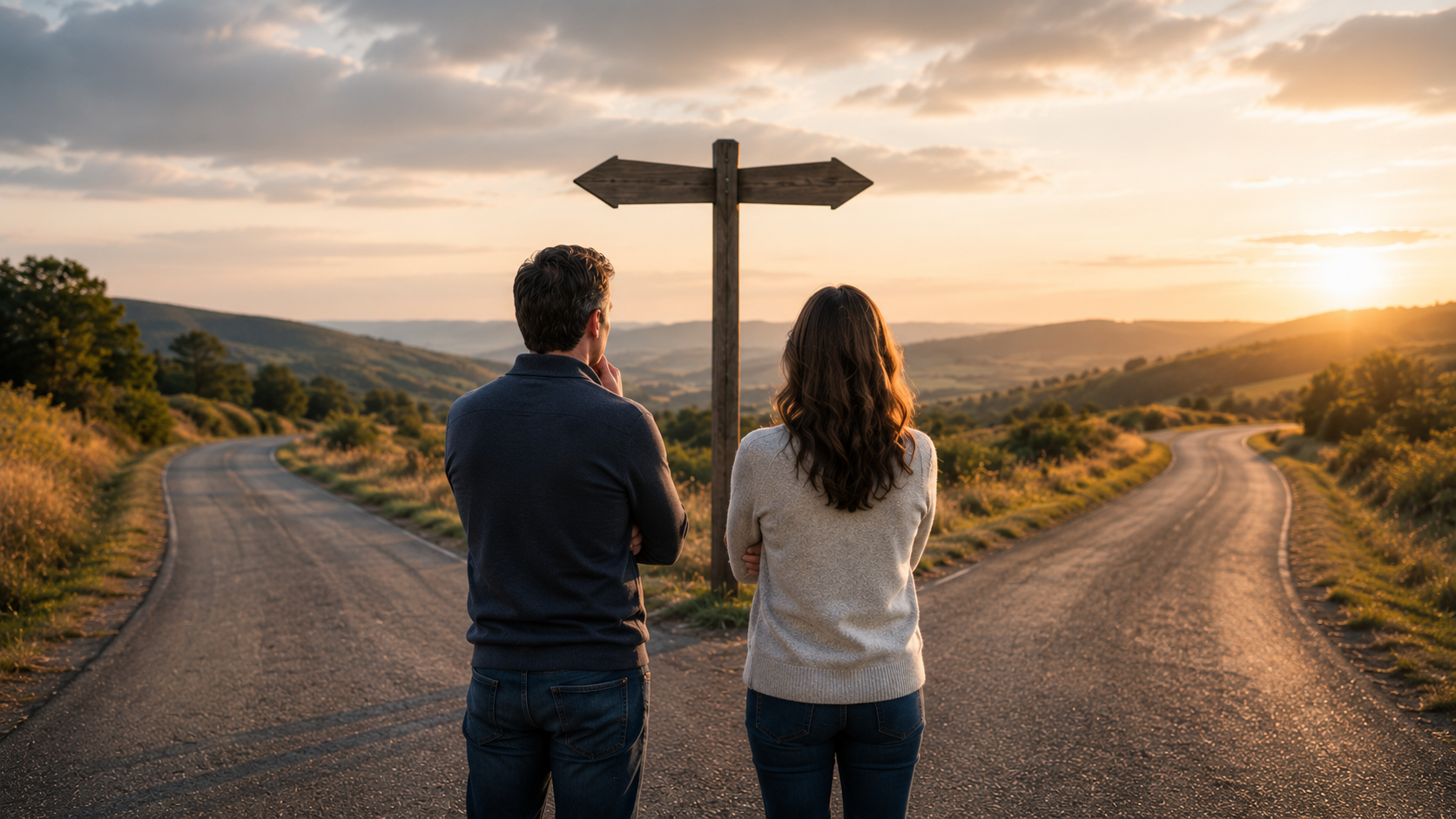 Couple considering two paths at a crossroads