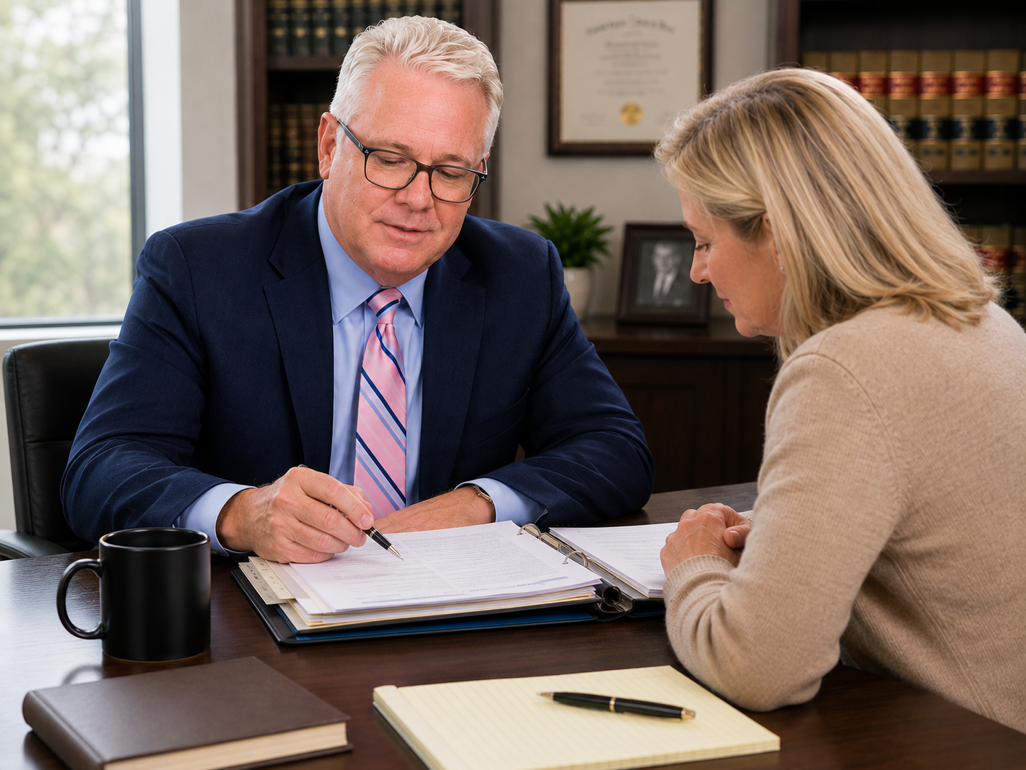 Estate planning attorney reviewing documents with a client